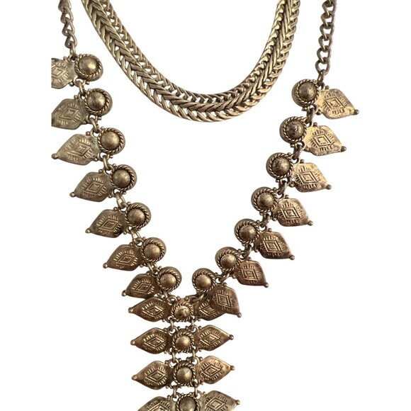 Macys Gold Tone Zipper Y Necklace Tribal Boho Choker Layered Double Strand NWT - Picture 3 of 7